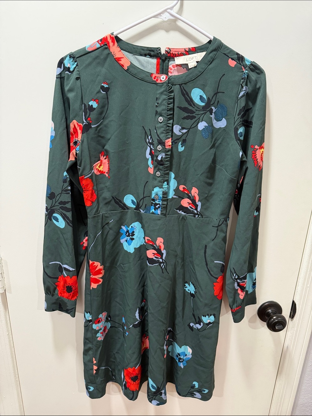 LOFT Dark Green Floral Button-Front Long Sleeve Dress